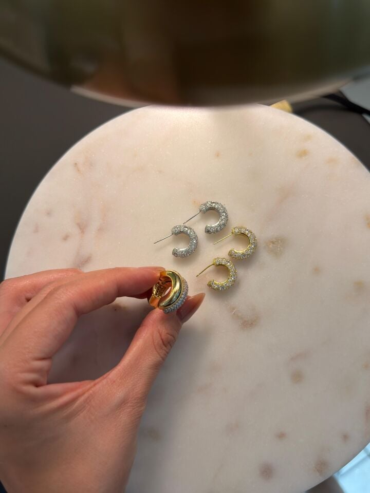 Gold Silver Taşlı Küpe Ve Earcuff