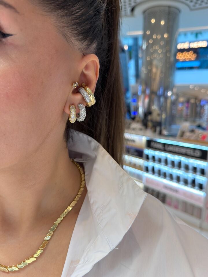 Gold Silver Taşlı Küpe Ve Earcuff