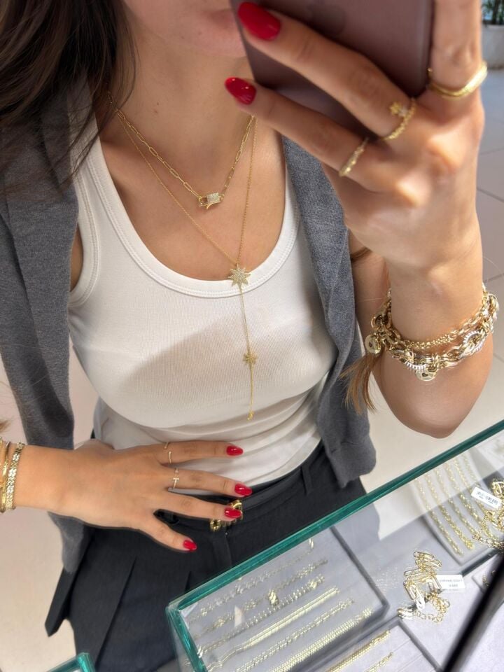 Gold Y Kolye ve Kilit Detaylı Ataç Kolye