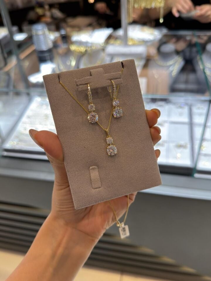 Gold Tektaş Kolye Küpe Set